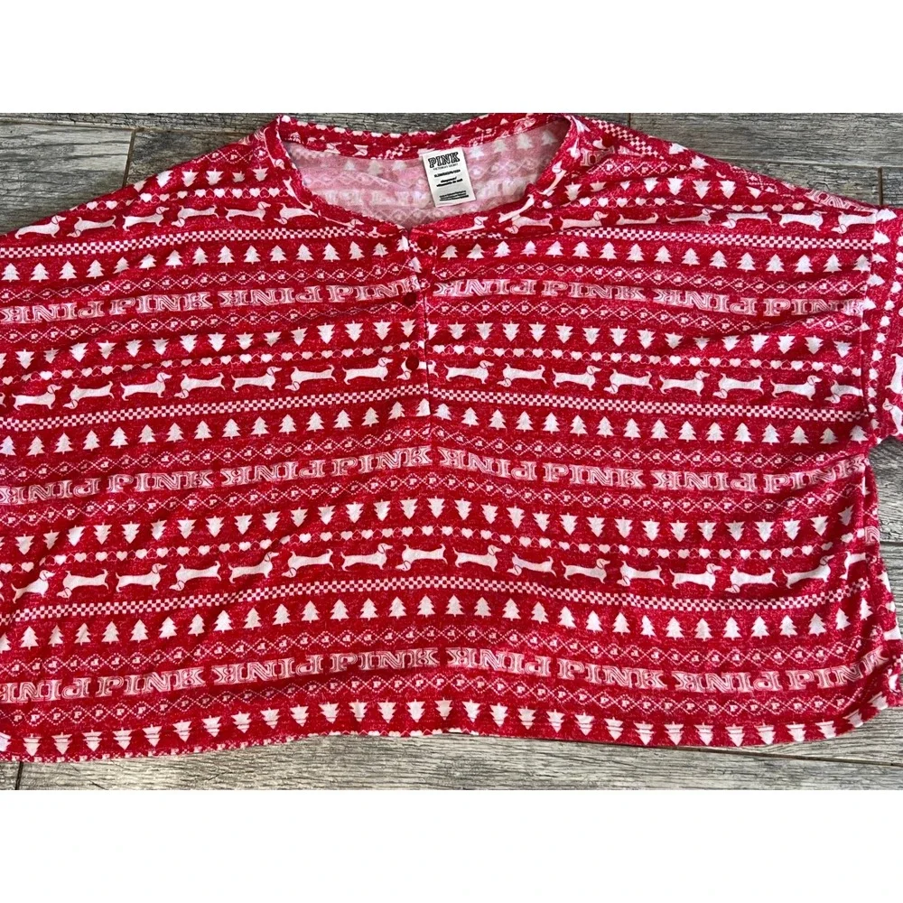 PINK Victorias Secret Pajama Set Large Red Fair Isle Dog Logo 2 pc PJ Set Nordic